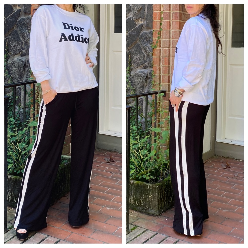 Black wide leg white side striped pants w/pockets - Picture 8 of 10